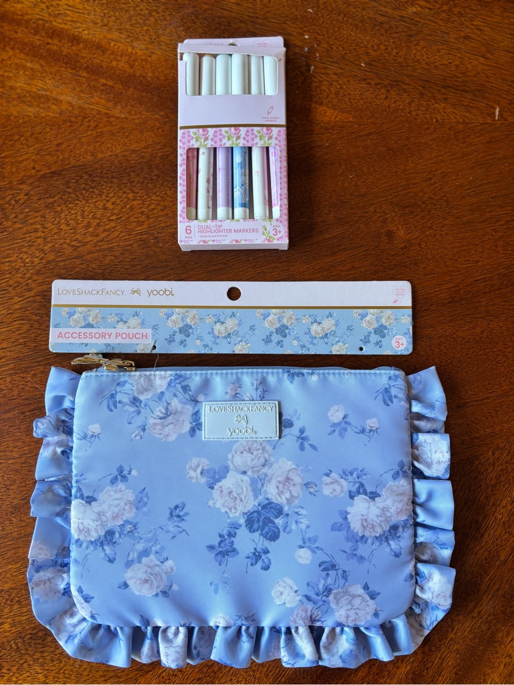 LoveShackFancy Light Blue Floral Ruffle pouch and Highlighers